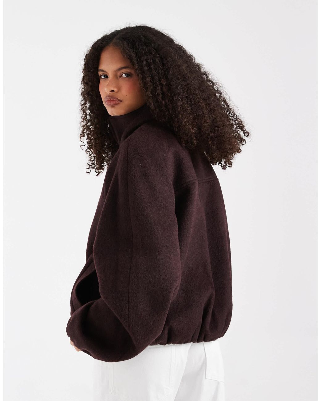 ASOS Brown Funnel Neck Bubble Hem Jacket With Wool