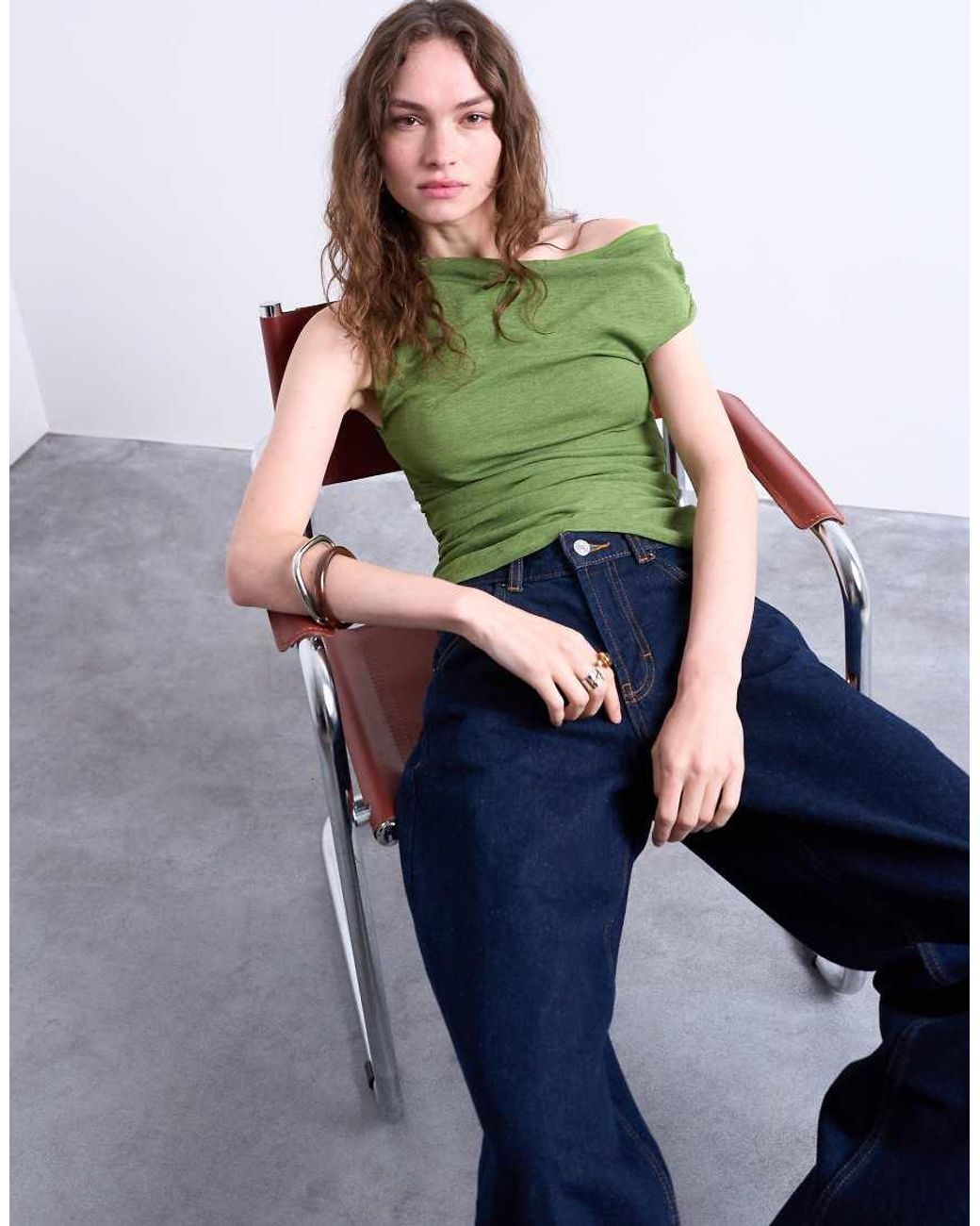 TOPSHOP Green Draped Asymmetric Shoulder Top