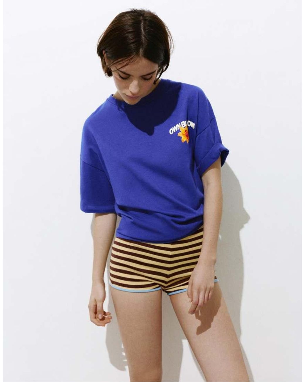 Pull&Bear Blue Oversize T-Shirt With Floral Graphic
