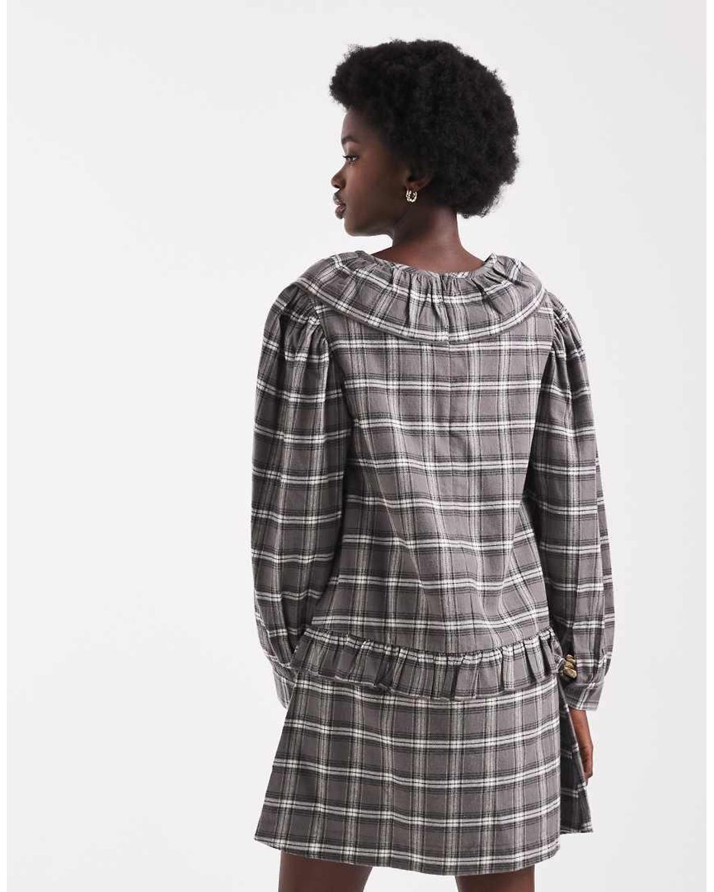 Native Youth Gray Tartan Ruffle Collared Dress