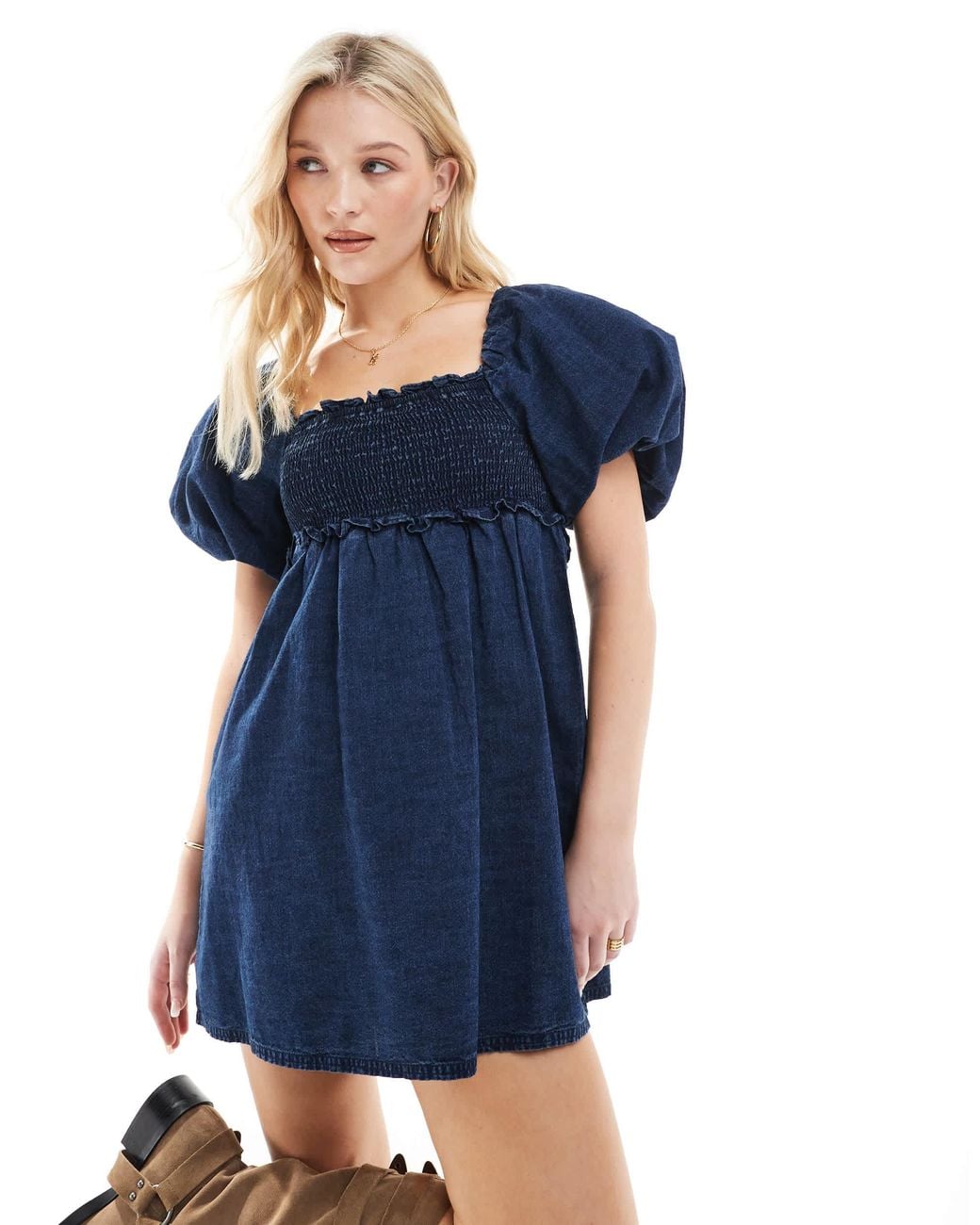ASOS Blue Soft Denim Puff Sleeve Mini Dress With Shirred Body