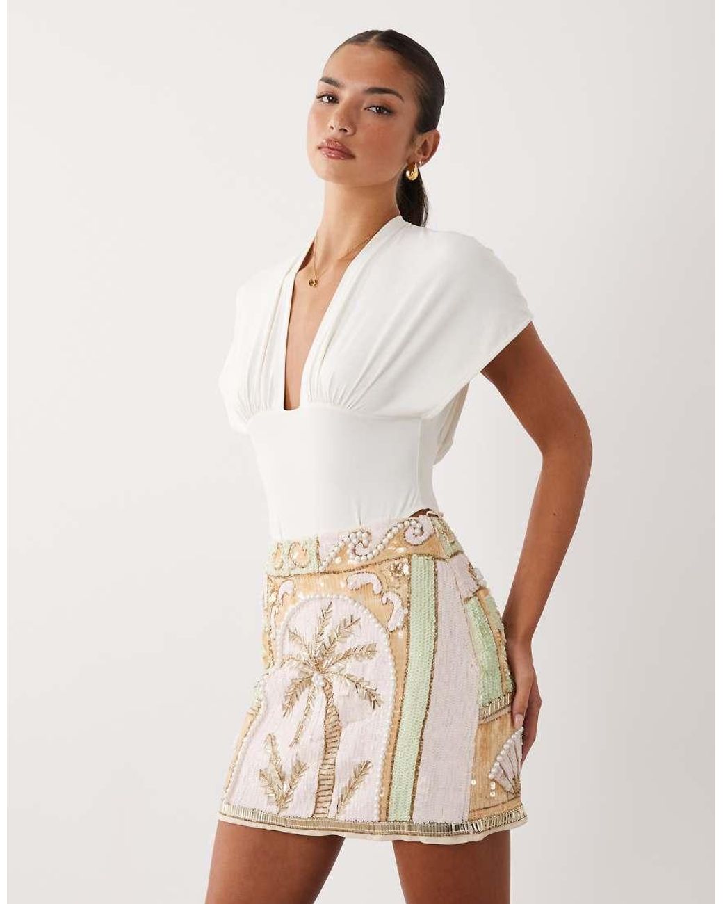 ASOS Natural Pastel Palm Tree Embellished Mini Skirt