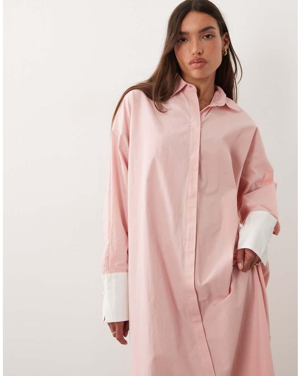 ASOS Pink Maxi Shirt Dress With Contrast Cuffs