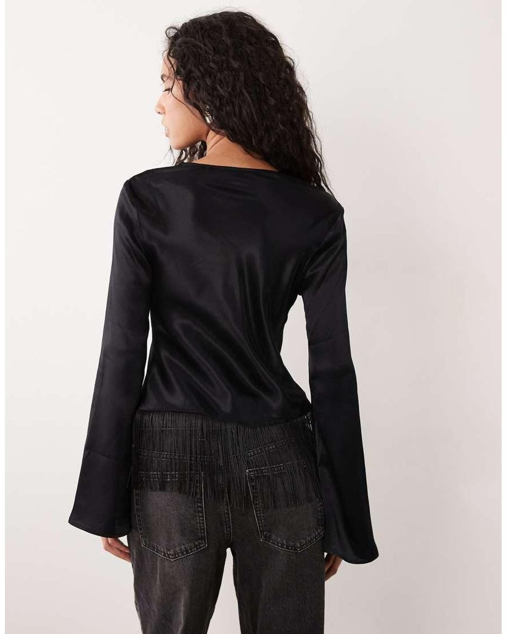 ASOS Black Satin Cowl Neck Fringe Long Sleeve Top