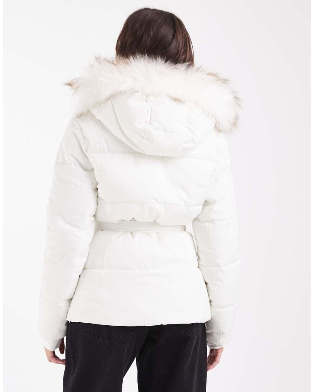 Hollister White Belted Puffer Jacket With Fur Hood