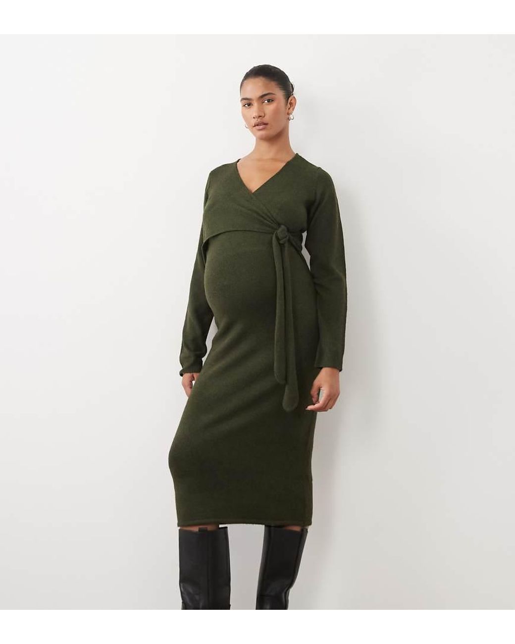 Mama.licious Green Mamalicious Maternity Knitted Midi Dress With Knot Front