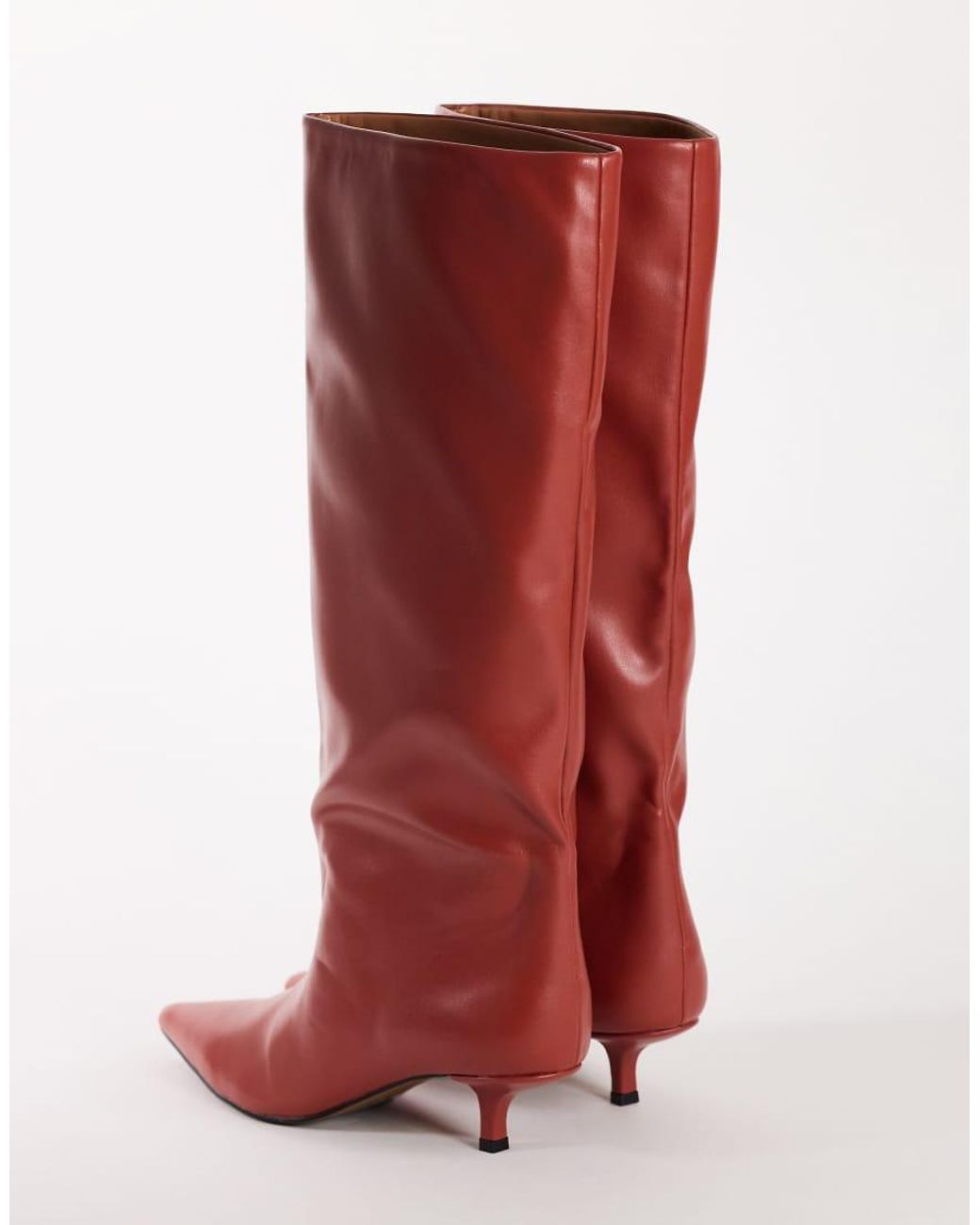 TOPSHOP Red Tina Real Leather Kitten Heel Knee Boot