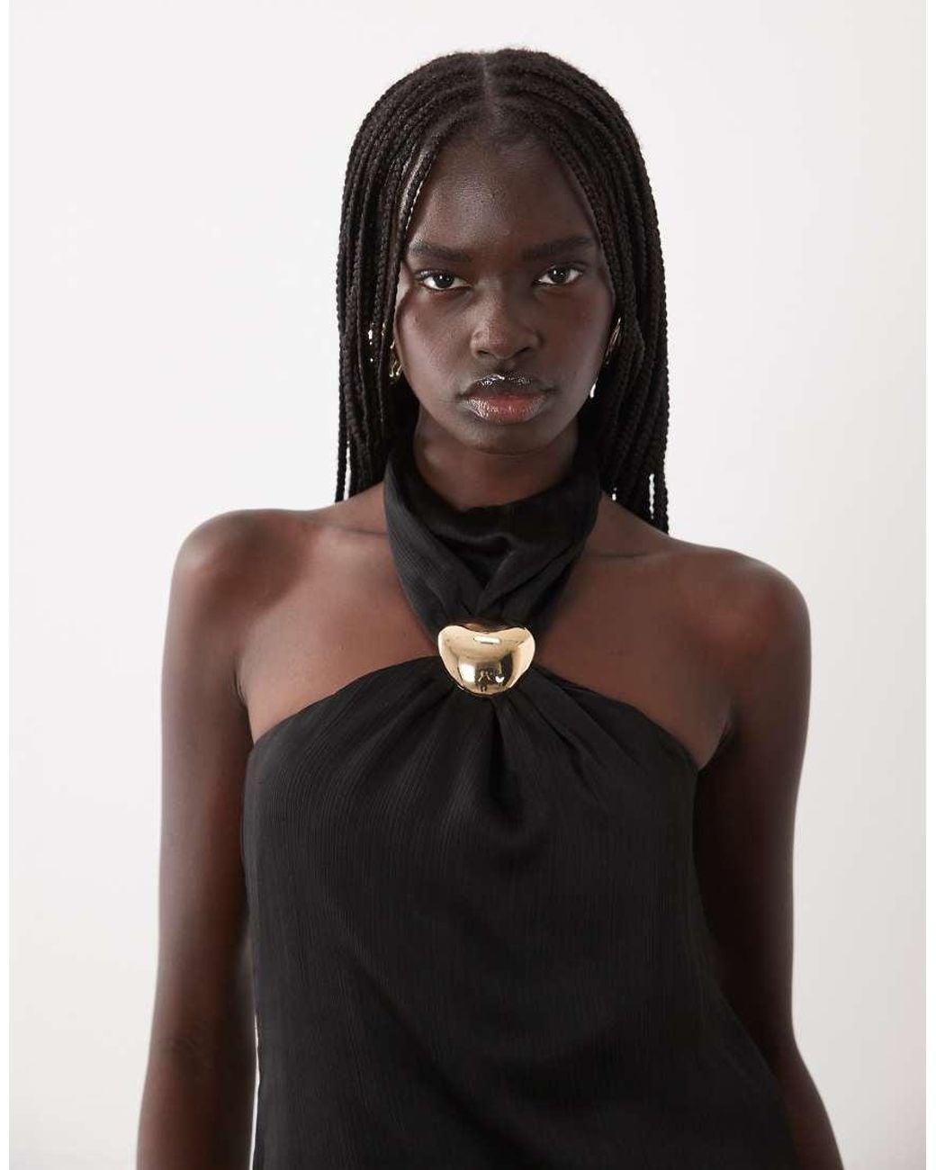 New Look Black Satin Hardware Halterneck Top