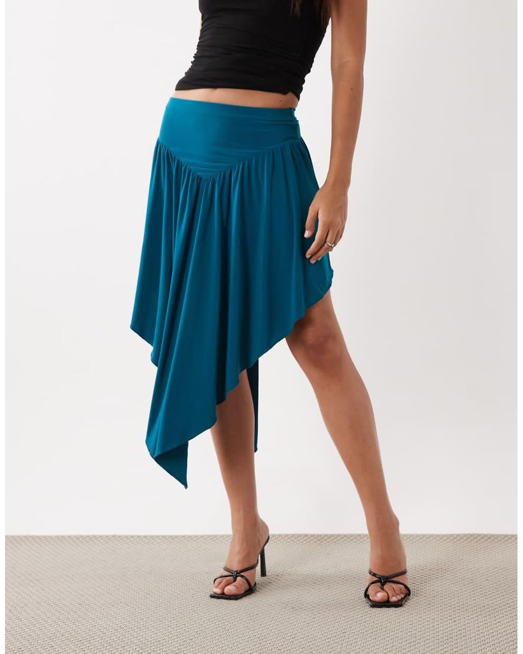 ASOS Blue Slinky V-front Gathered Hi Low Midi Skirt