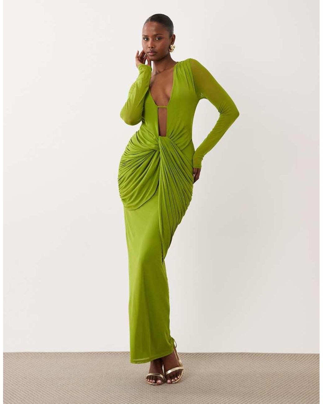 ASOS Green Mesh Deep Plunge Long Sleeve Dress With Draping