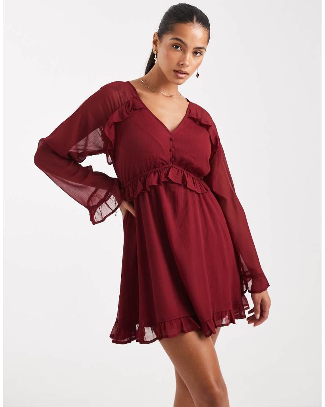 Wednesday's Girl Red Floaty V-Neck Mini Smock Dress