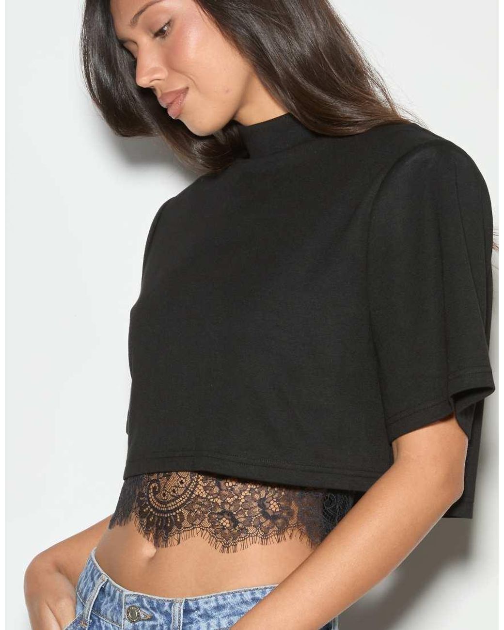 Noughts & Kisses Black Mimi Shoulder Pad Structured Lace Trim Top