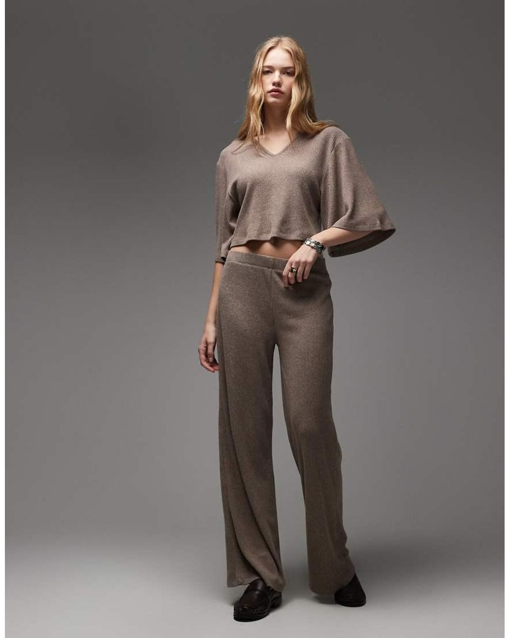 ASOS Brown Supersoft Brushed Rib V Neck Waterfall Jumper