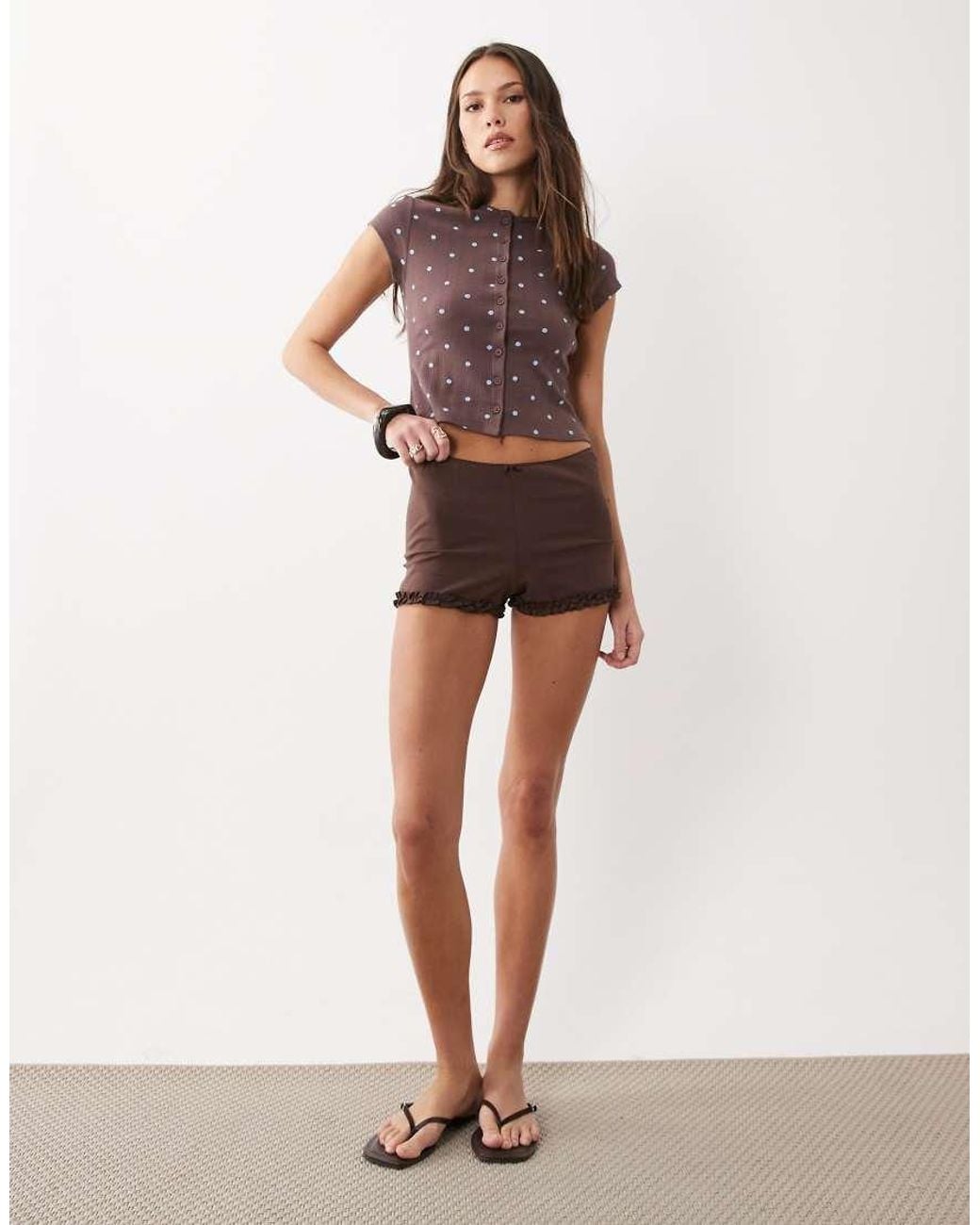 Miss Selfridge Brown Micro Mini Shorts With Ruffle Hem Detail