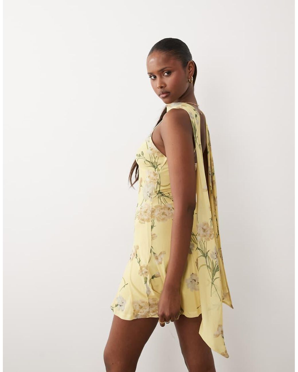 ASOS Natural Printed Mesh Scarf Detail Godet Mini Dress