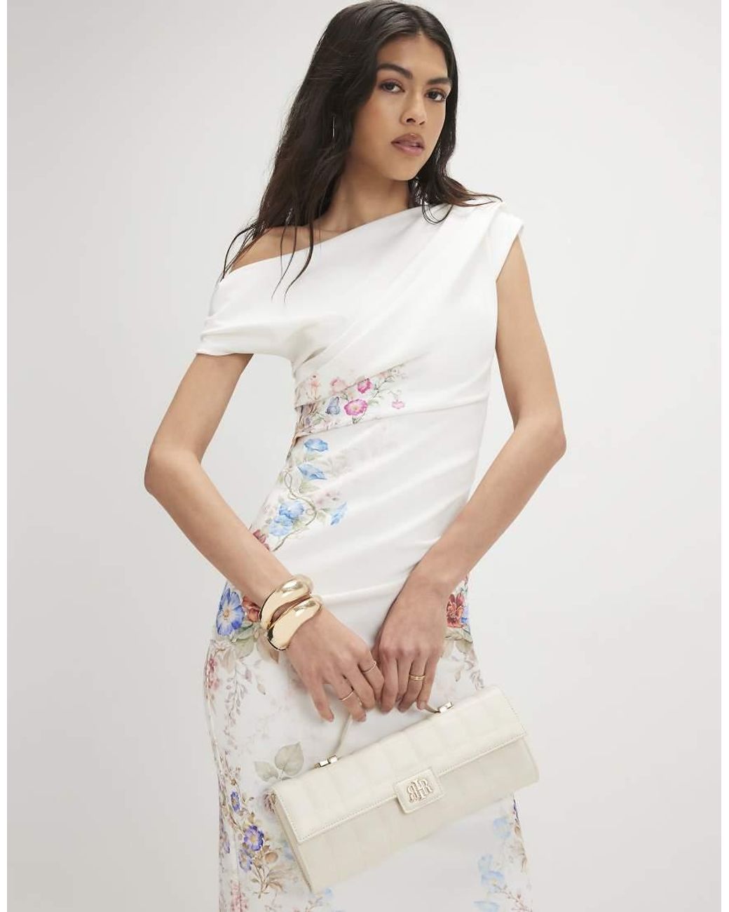River Island White Floral Print Drape Midi Dress