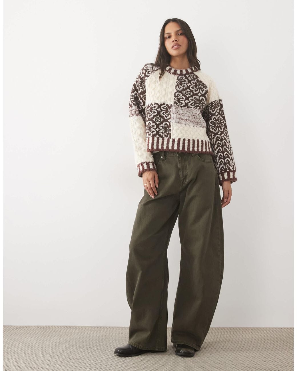 Pieces Brown Premium Textured Patchwork Knitted Jumper