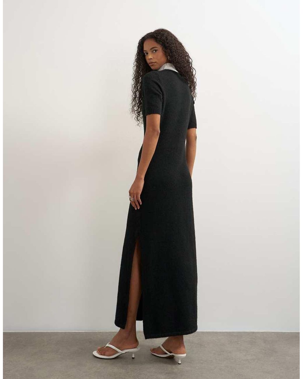TOPSHOP Black Knitted Short Sleeve Mandarin Collar Maxi Dress With Wool