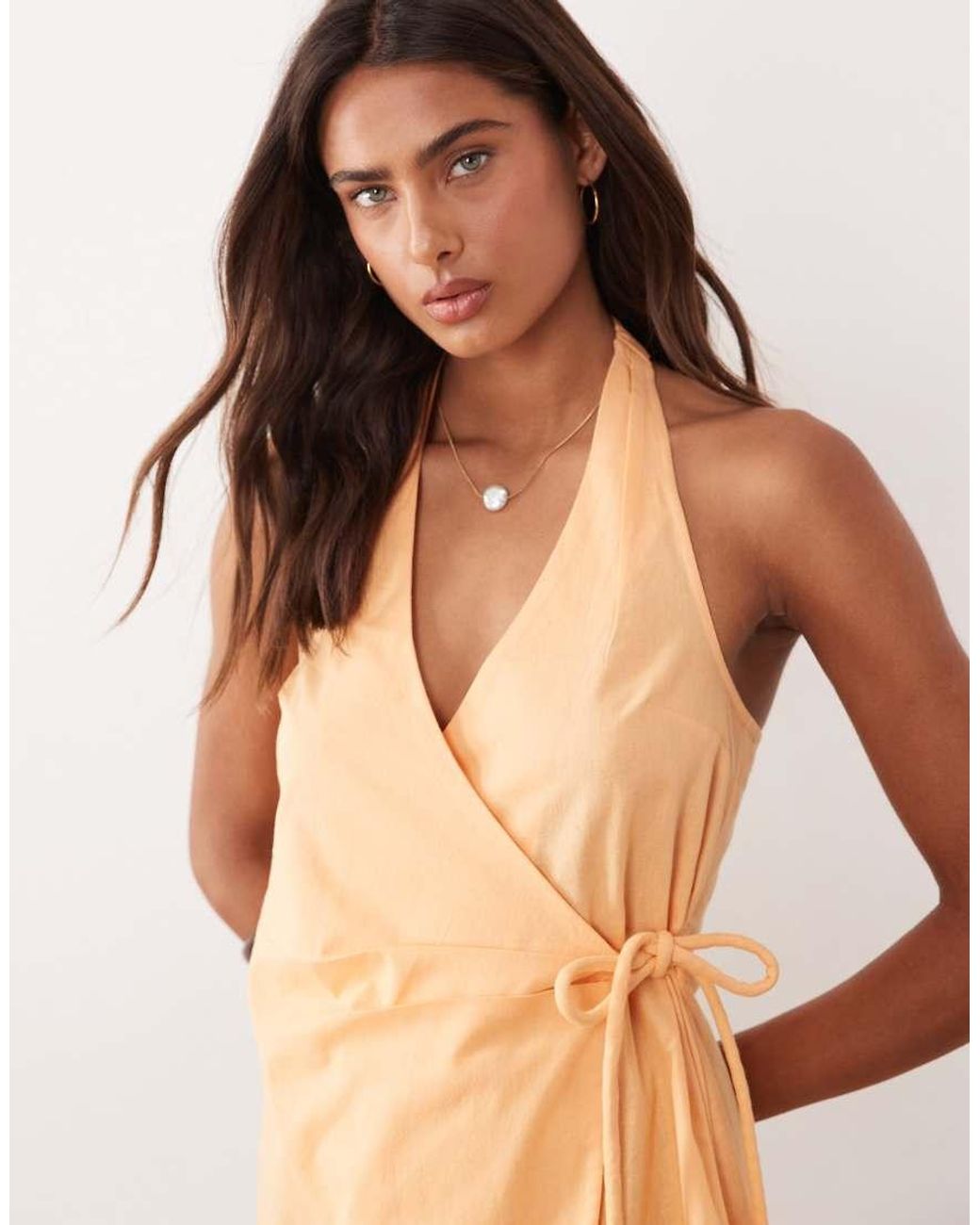 ASOS Natural Cotton-linen Blend Halter Neck Wrap Mini Sundress