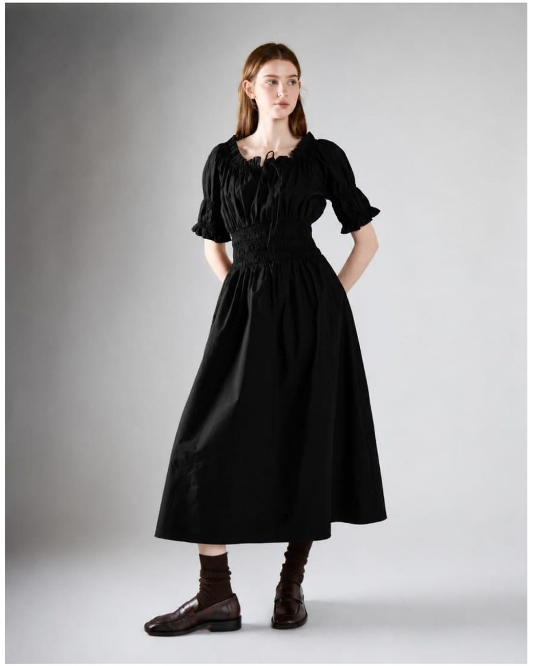 Glamorous Black Ruched Puff Sleeve Midi Dress