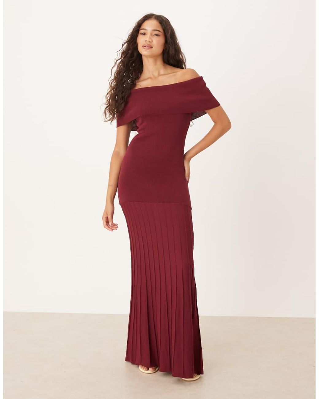 Pretty Lavish Red Off The Shoulder Knitted Maxi Dress With Pleated Skirt