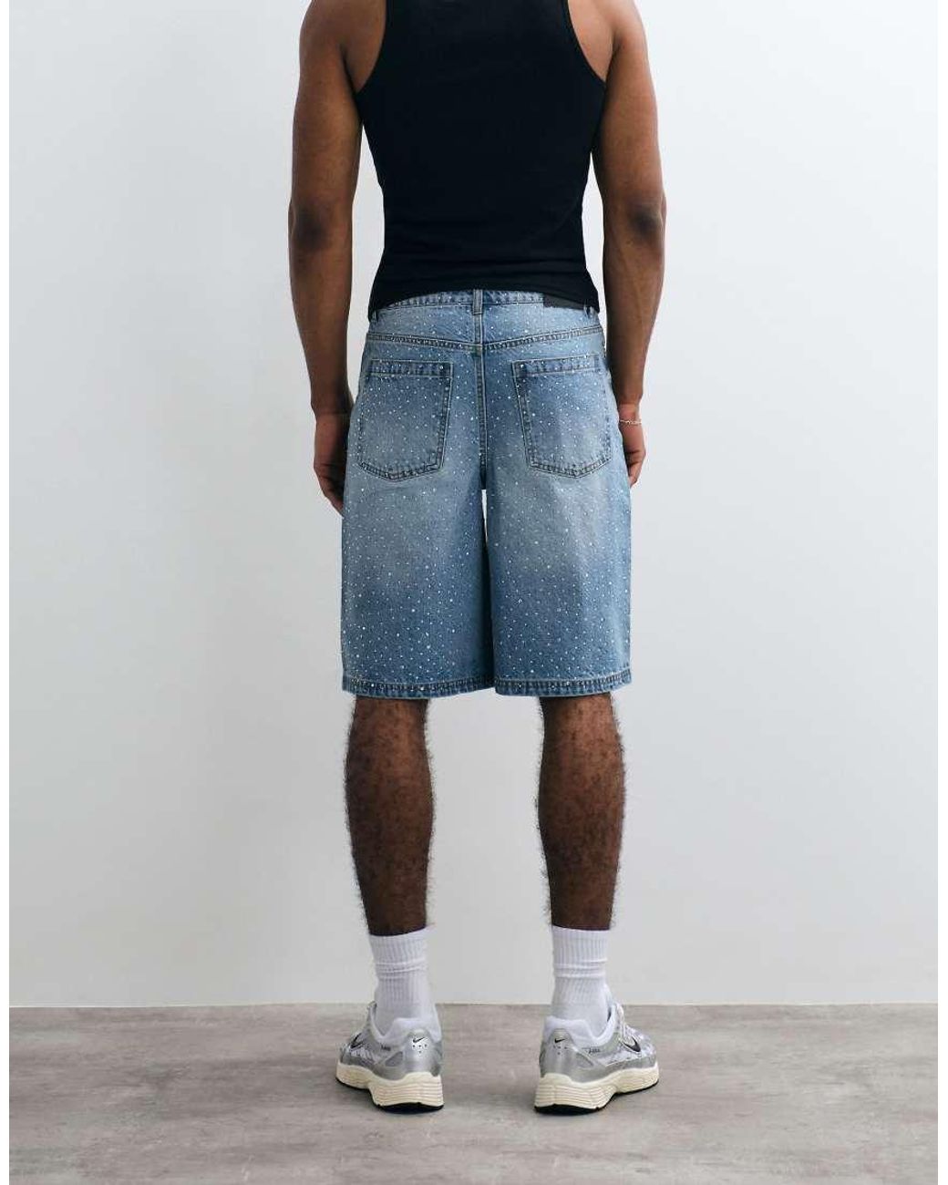 Liquor N Poker White All Over Rhinstone Denim Jorts for men