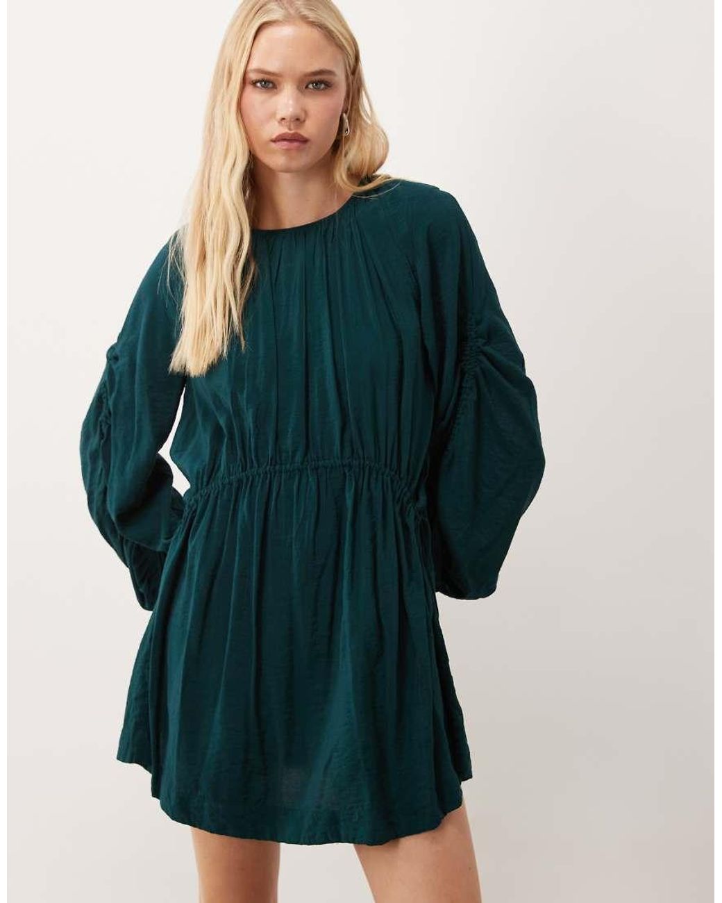 ASOS Blue Crew Neck Mini Dress With Ruched Waist Channel And Blouson Sleeves