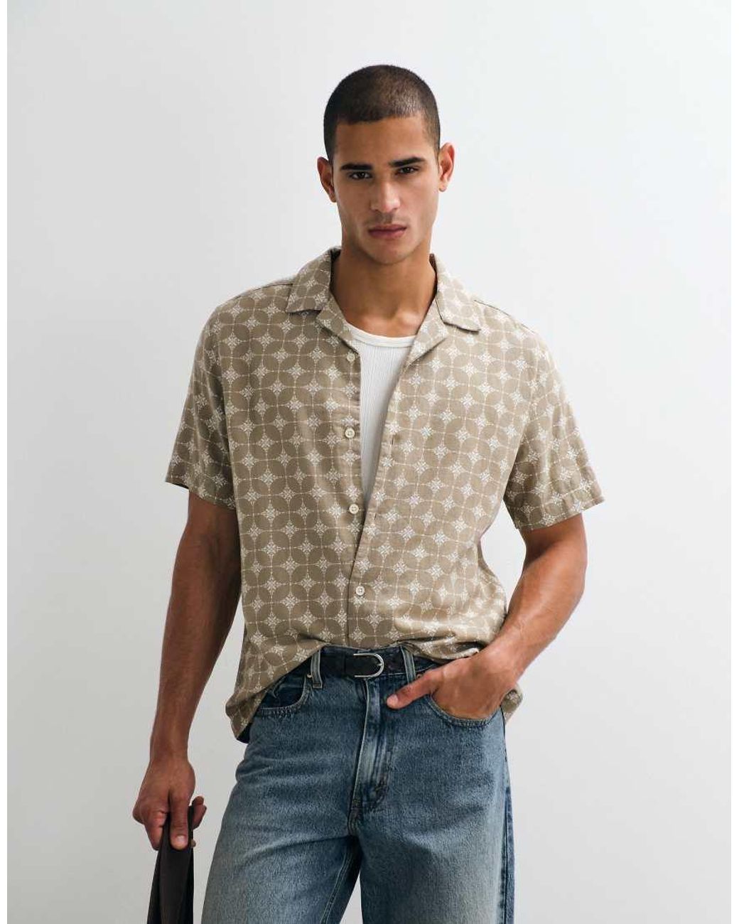ASOS Natural Regular Fit Camp Collar Linen Blend Shirt With Geo Print for men