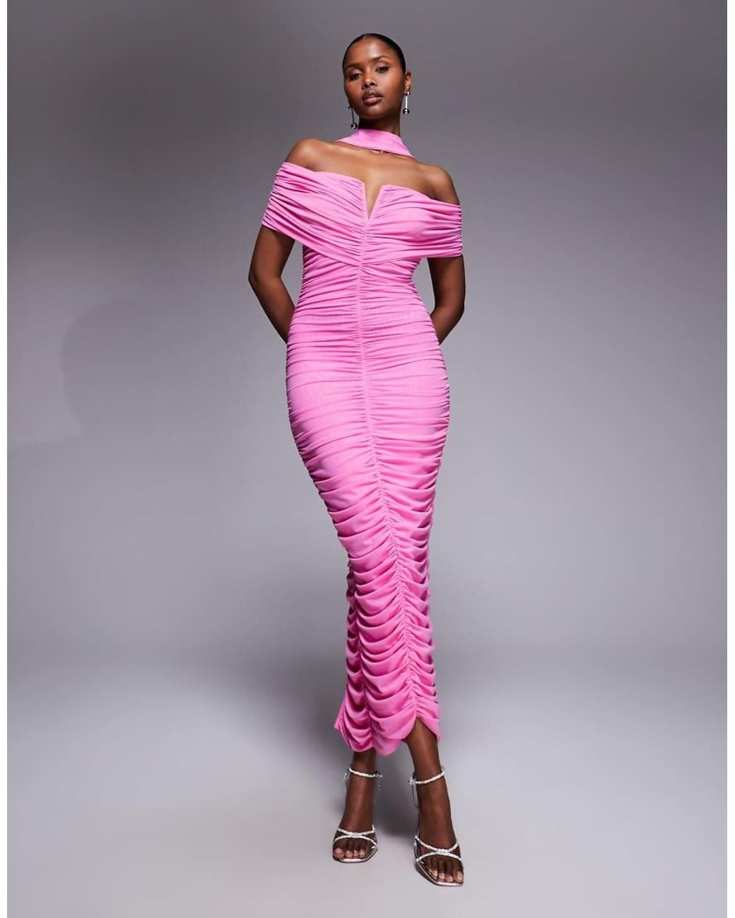 Ruched & Ready Pink Sculpting Mesh Bardot V Front Bodycon Maxi Dress