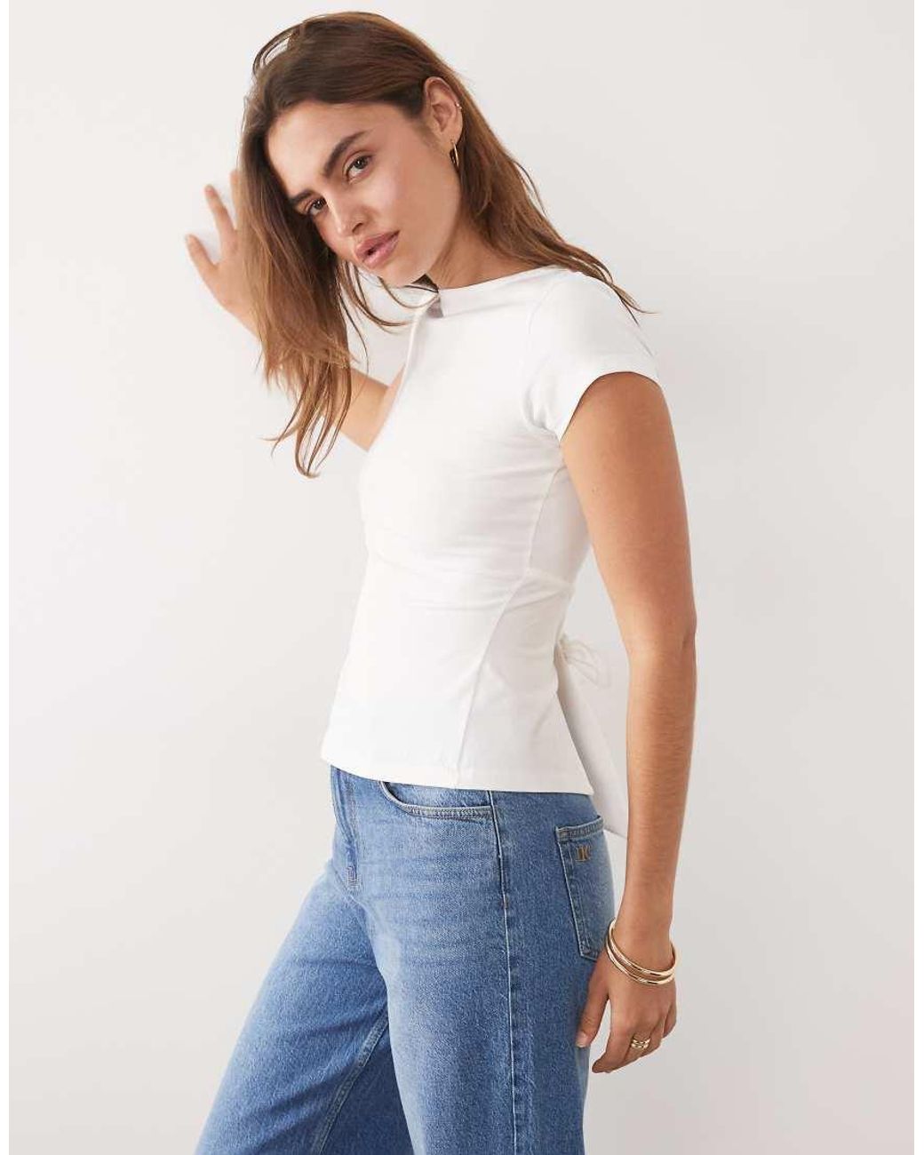 ASOS Blue Slash Neck Tie Back Short Sleeve Top