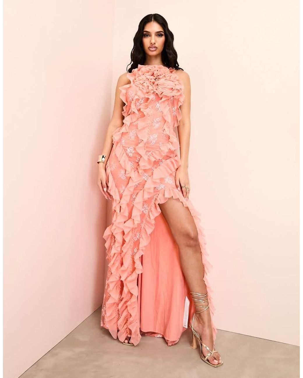 Pink lace ruffle dress discount