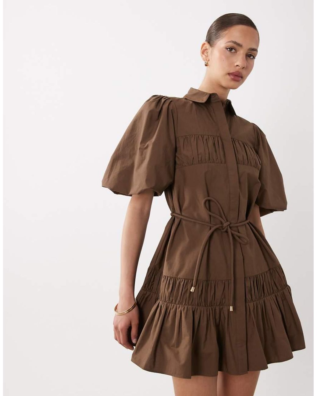 ASOS Natural Shirt Mini Dress With Puff Sleeve And Tie Detail