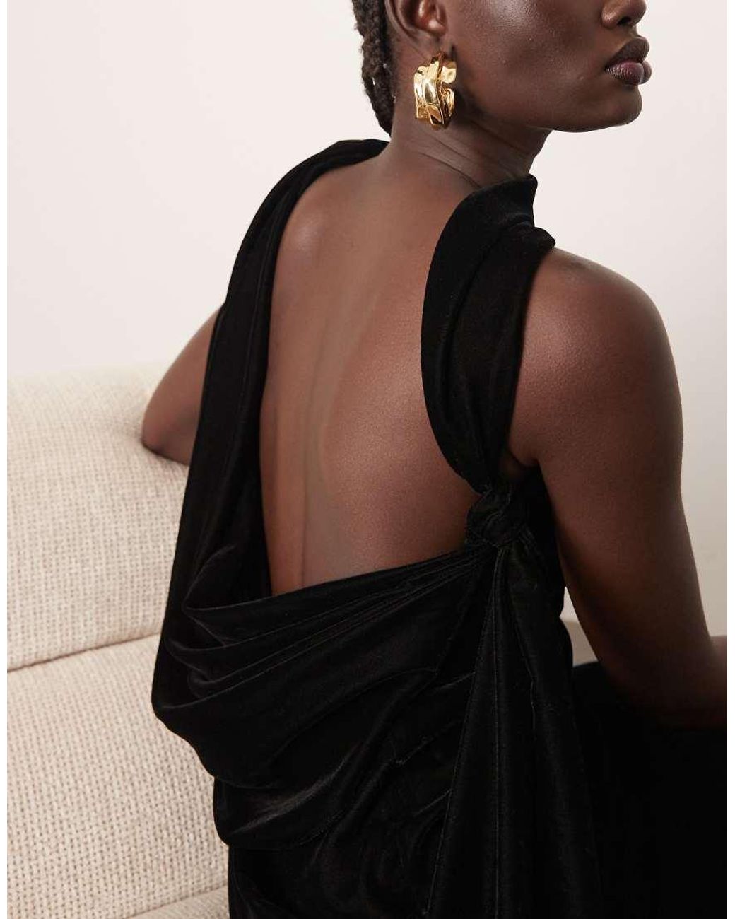 ARRANGE Black Scarf Neck Draped Velvet Maxi Dress With Low Back And Train
