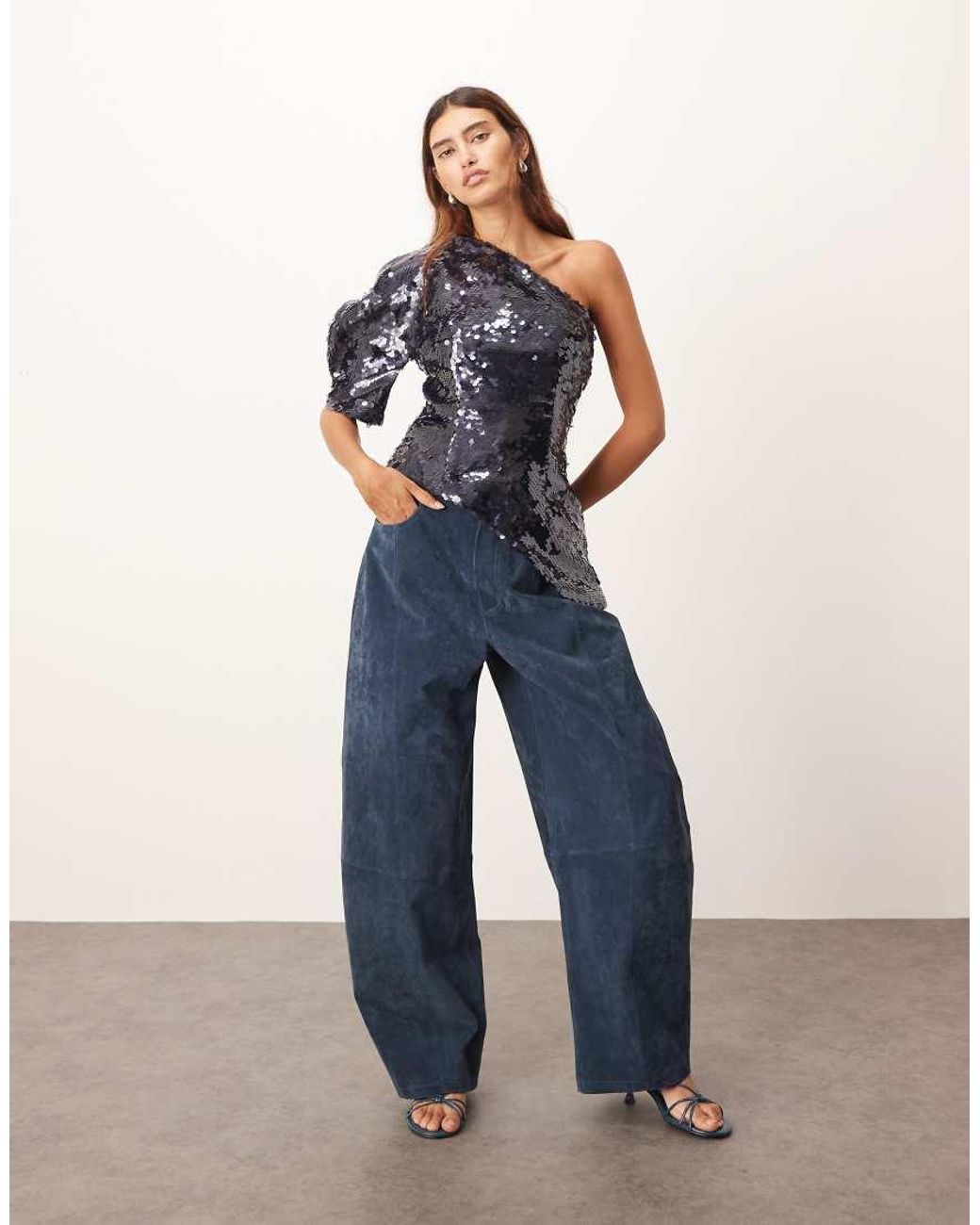 ARRANGE Blue Sculptural One Shoulder Sequin Top