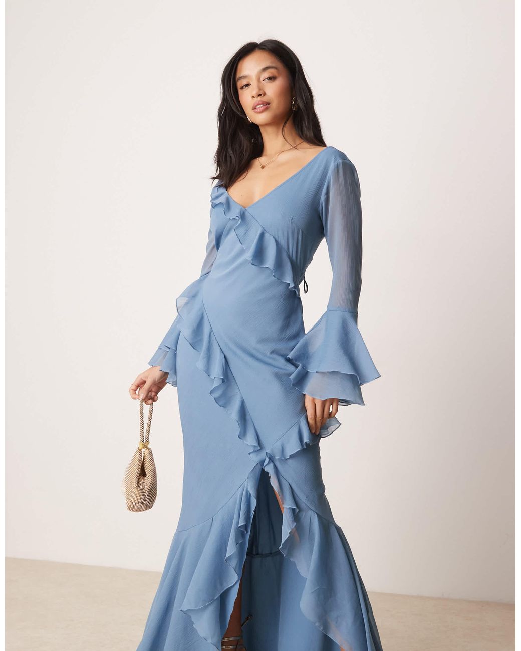 ASOS Asos Design Petite V Neck Long Sleeve Ruffle Maxi Dress With Cut Out  Back in Blue | Lyst