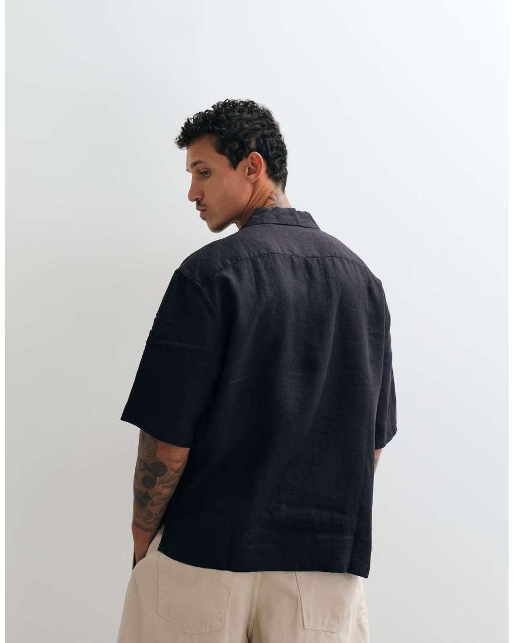 AllSaints Black Avia Short Sleeve Embroidered Sparrow Linen Shirt for men