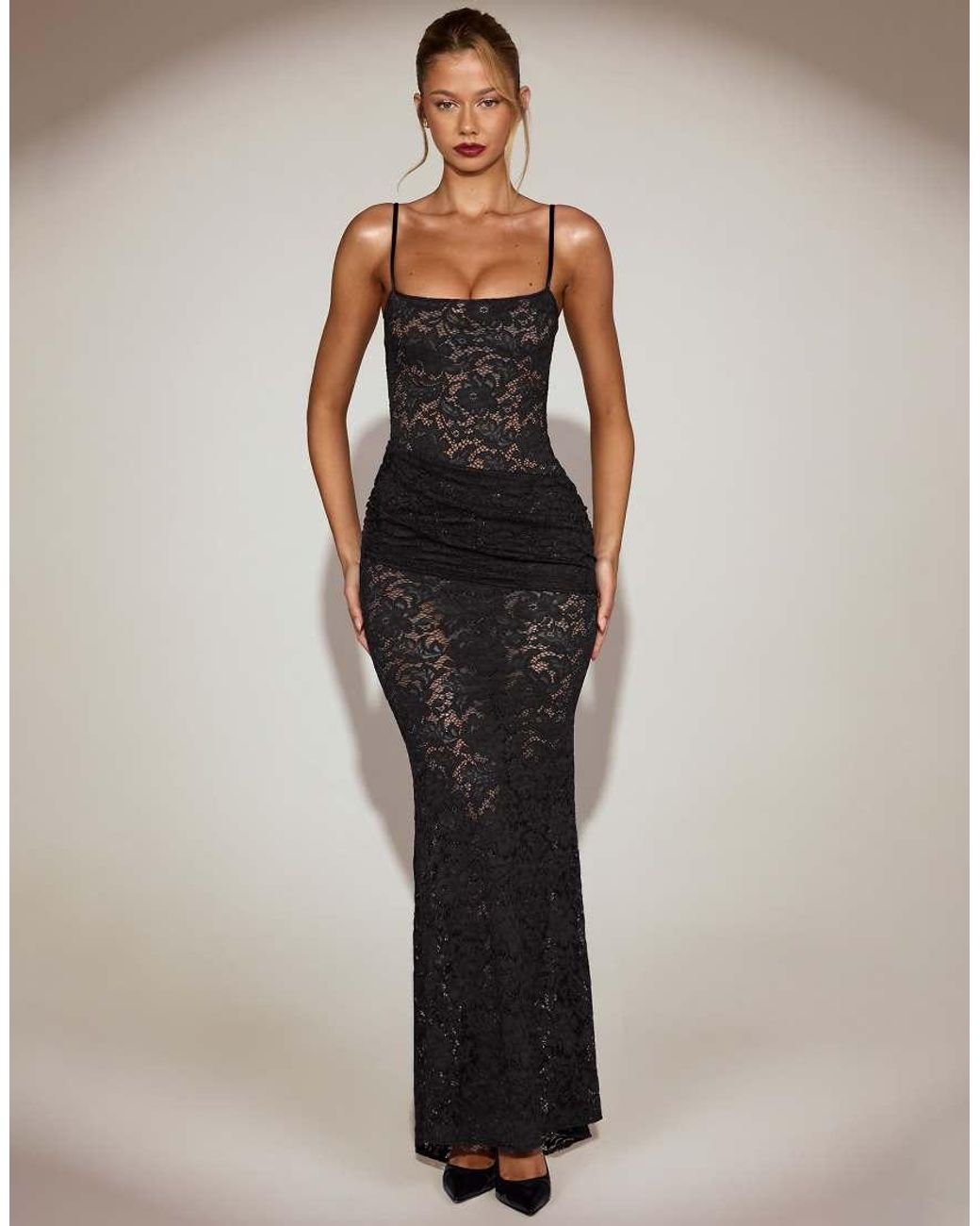 Oh Polly Black Lace Square Neck Ruched Maxi Dress