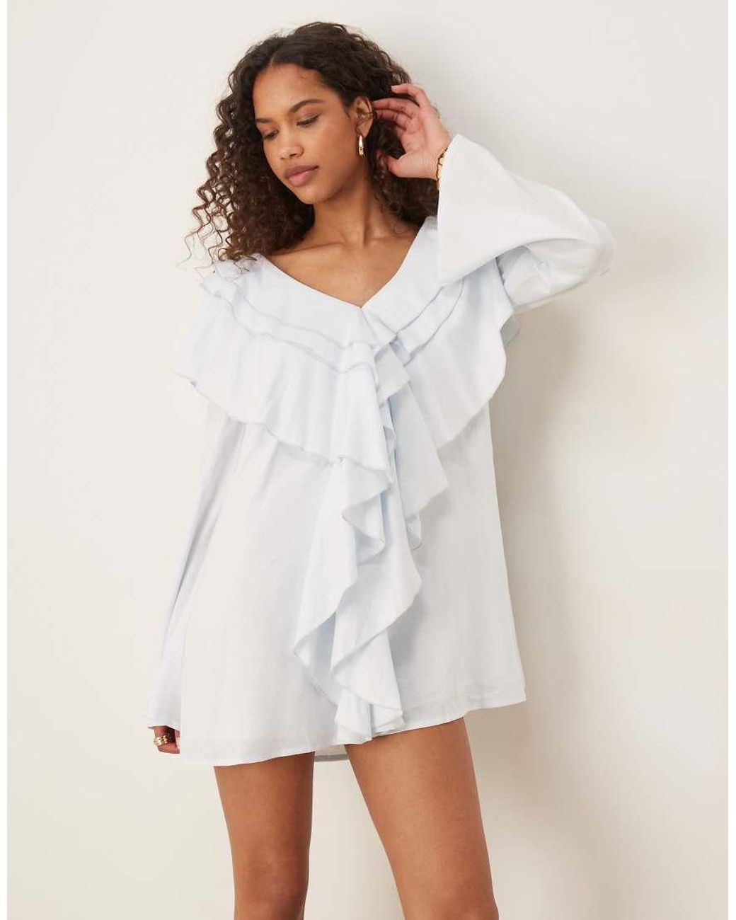 ASOS White V Neck Smock Mini Dress With Ruffles