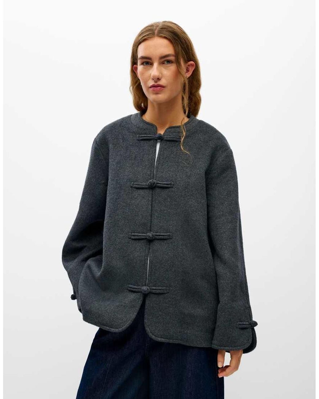 Object Blue Linn Oversized Wool Blend Collarless Jacket With Knot-button Fastening