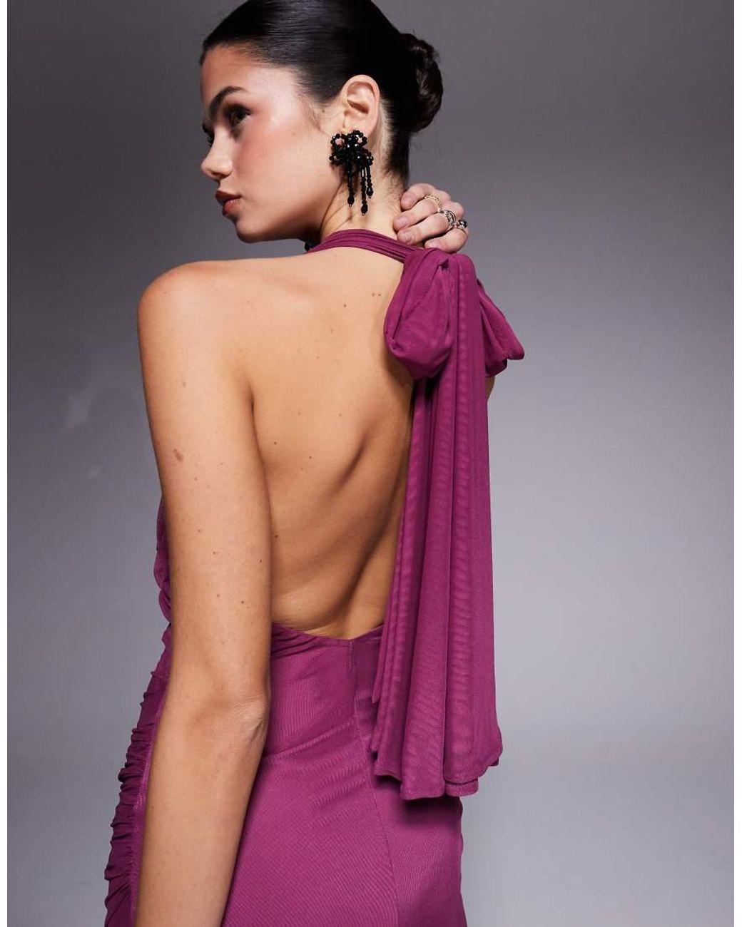 ASOS Purple Twisted Bust Detail Mesh Maxi Dress With Tie Back Halter Neck