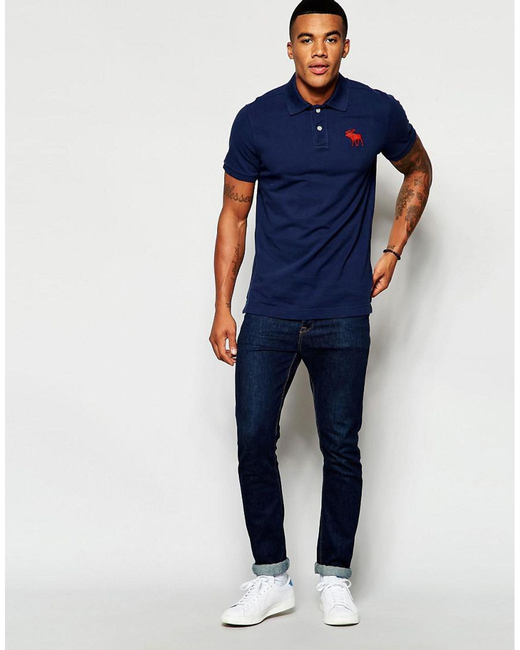 Abercrombie & Fitch Men's Blue Bercrombie & Fitch Polo Shirt In Muscle Slim  Fit With Large Moose Embroidery In Navy
