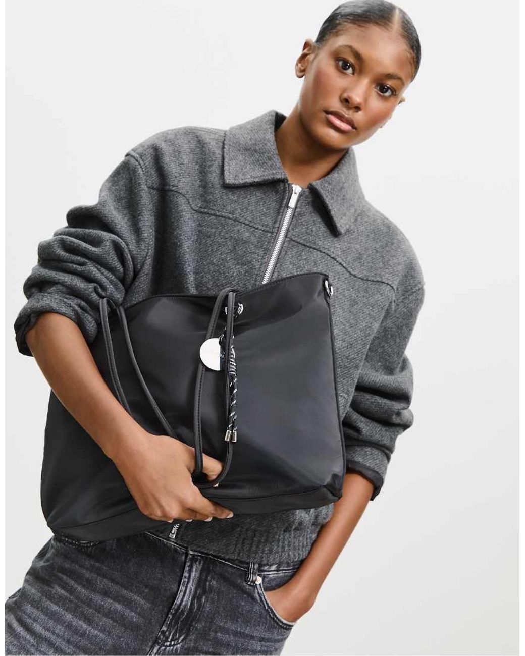 Stradivarius Gray Fabric Shopper Bag With Charm