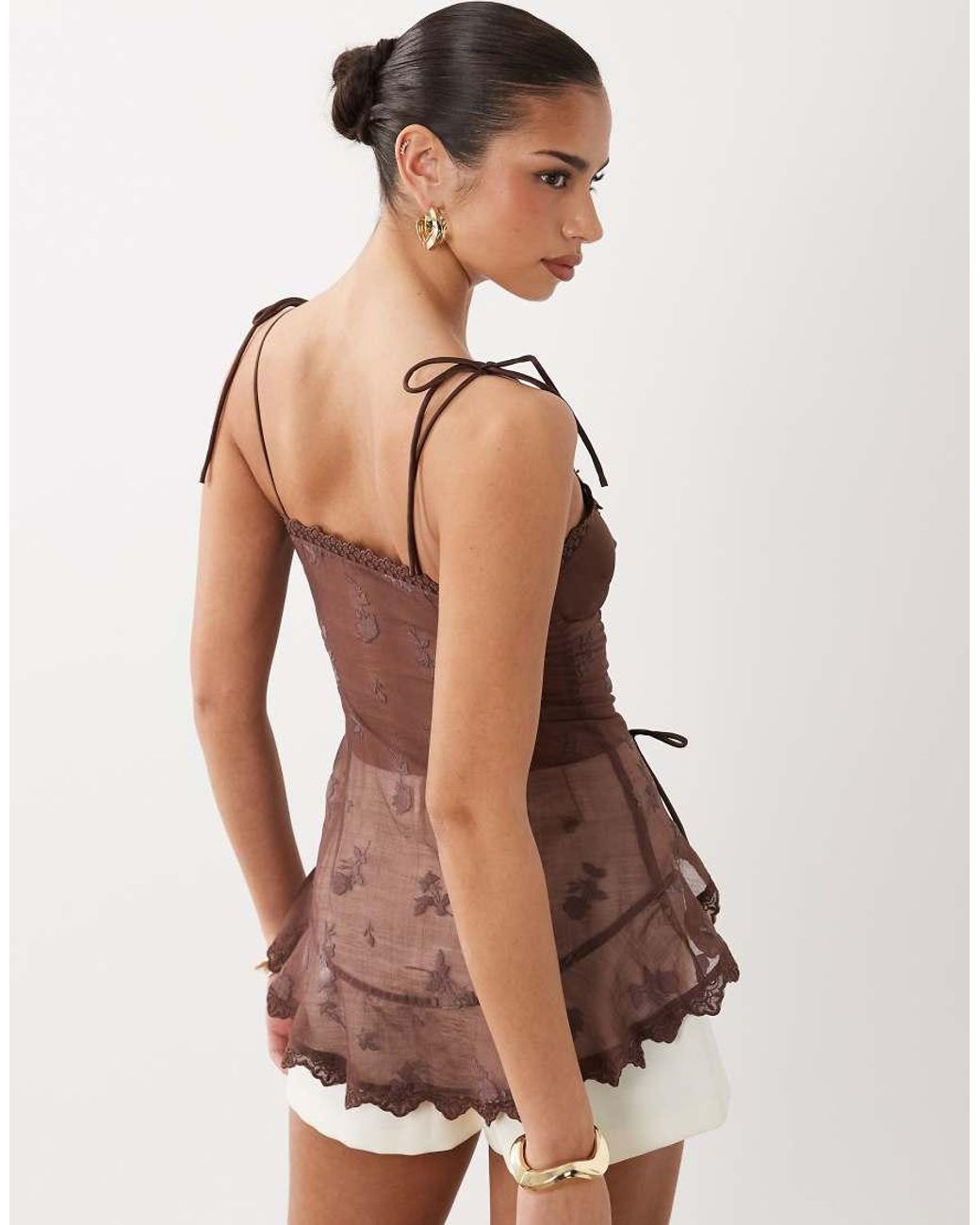 I.AM.GIA Brown Meadow Chiffon Tie Detail High Low Hem Ruffle Edge Top