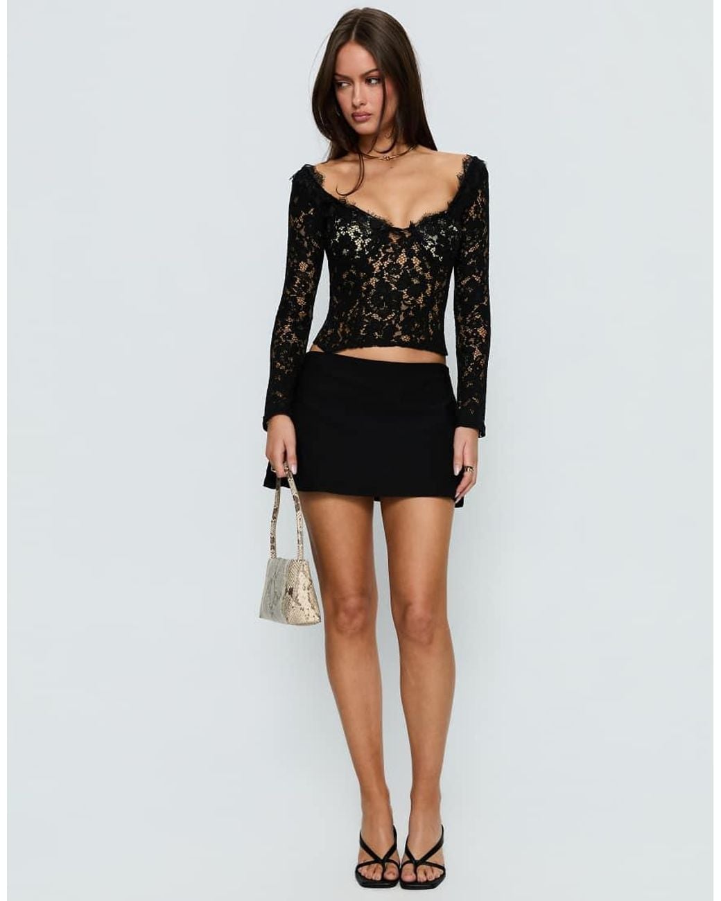 Princess Polly Black Lace Eyelash Trim Corset Tie Back Detail Top