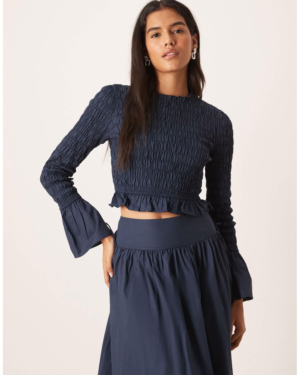 Glamorous Blue Long Sleeve Shirred Top