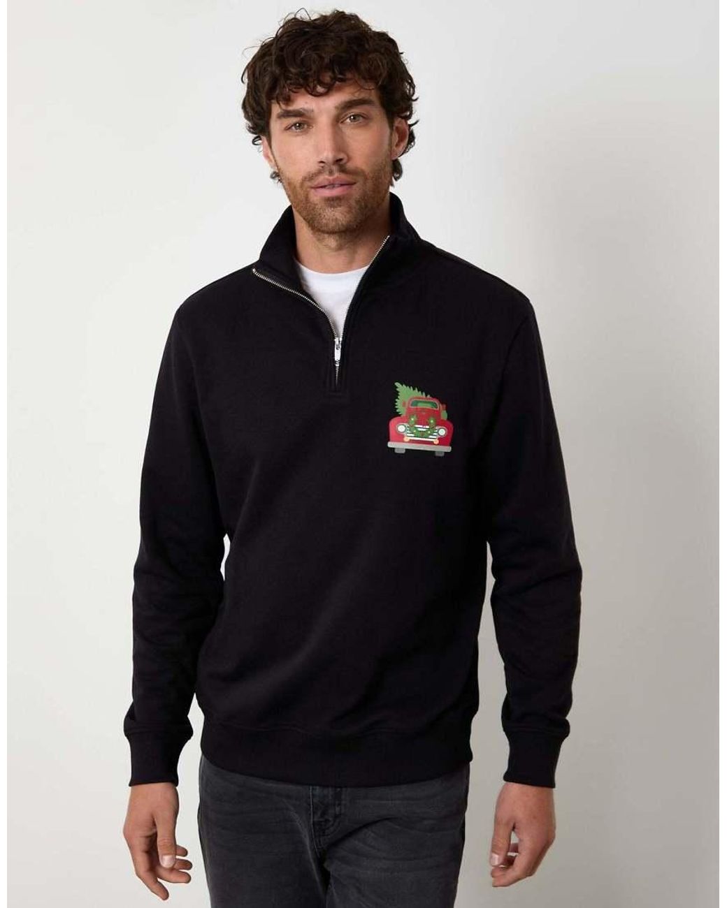 Threadbare Blue Christmas Graphic Print Quarter Zip Sweatshirt for men
