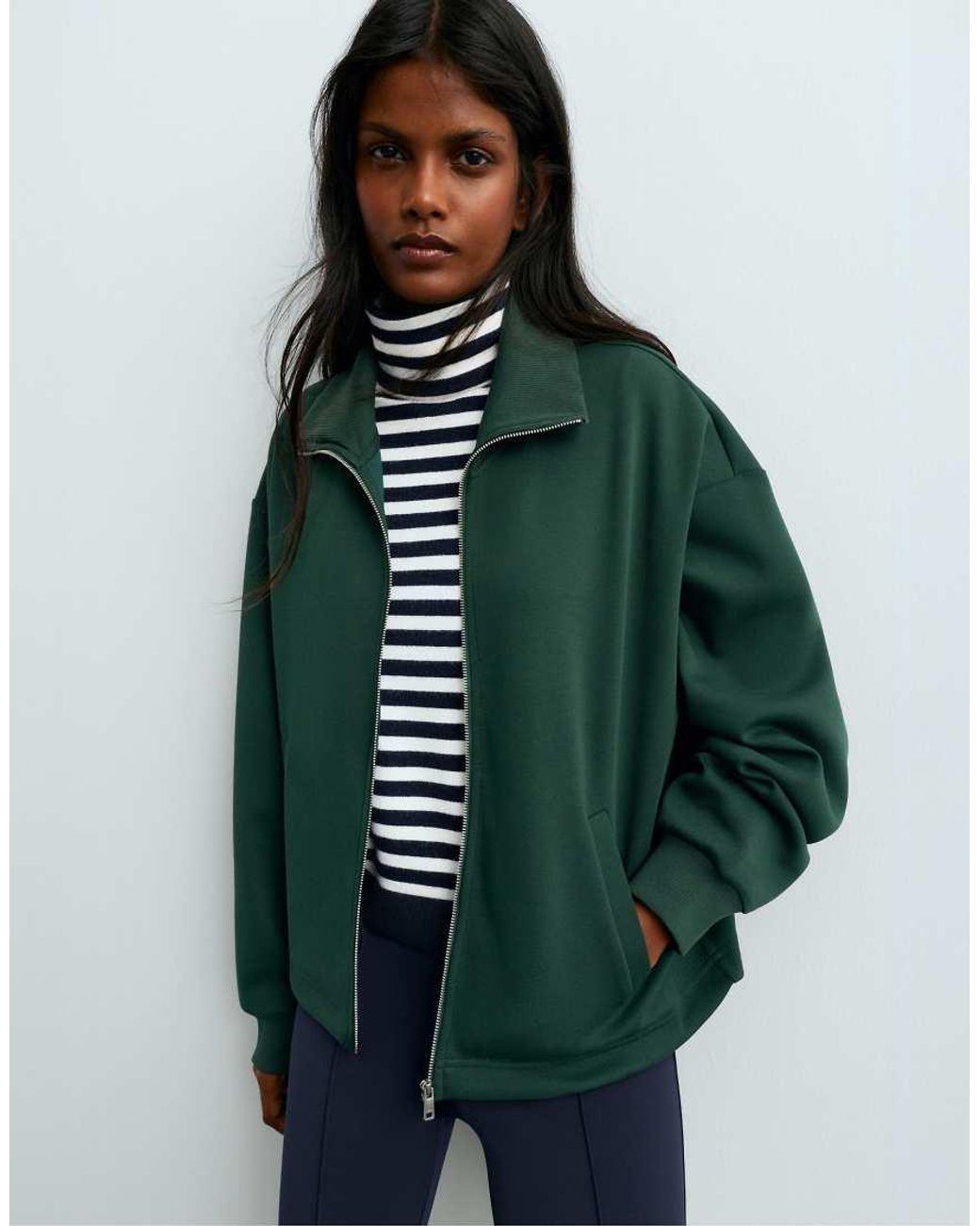 Oysho Green Brushed Piqué Cotton Collar Jacket
