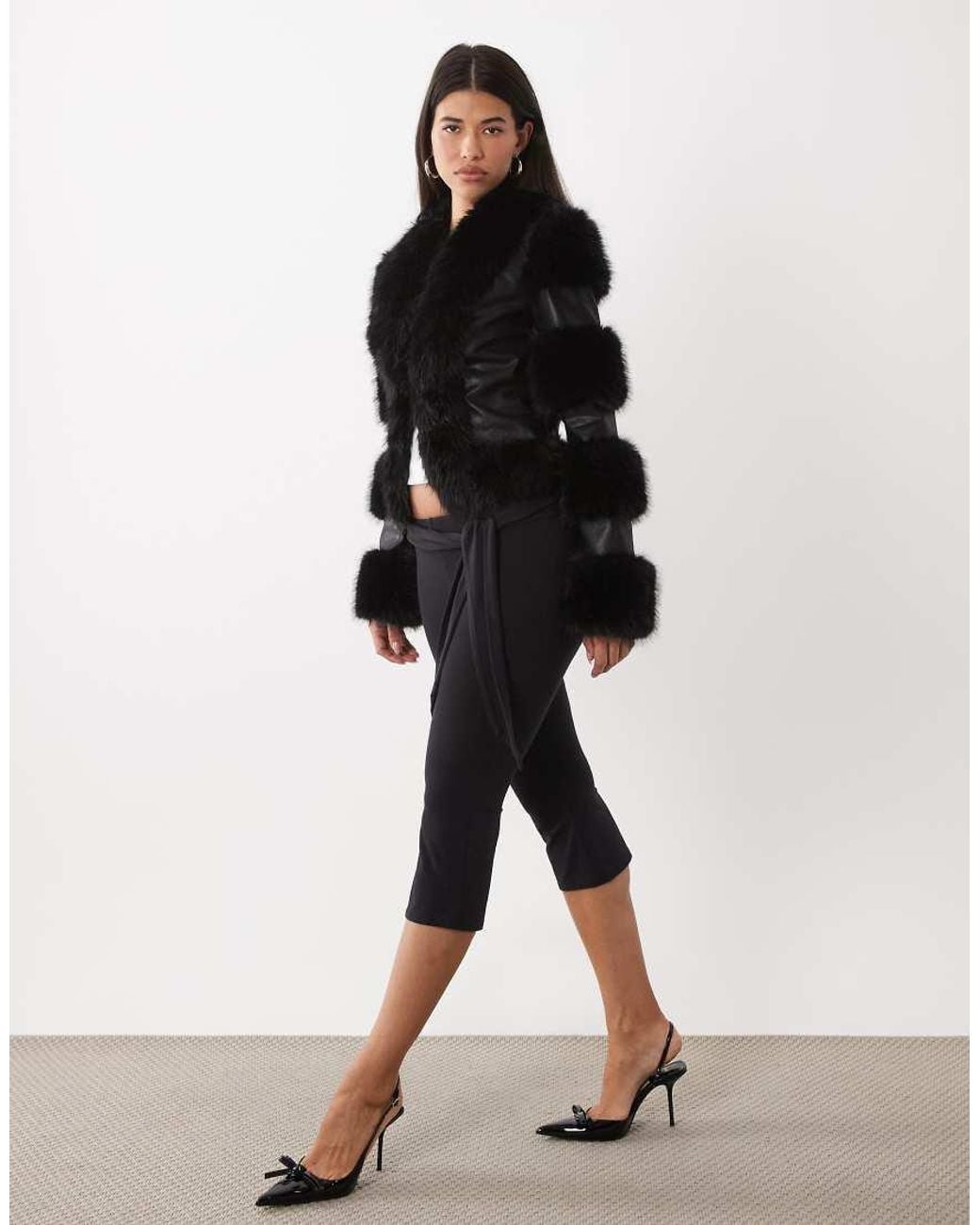 I.AM.GIA Black Vrai Textured Leather Look Panelled Faux Fur Trim Fitted Jacket