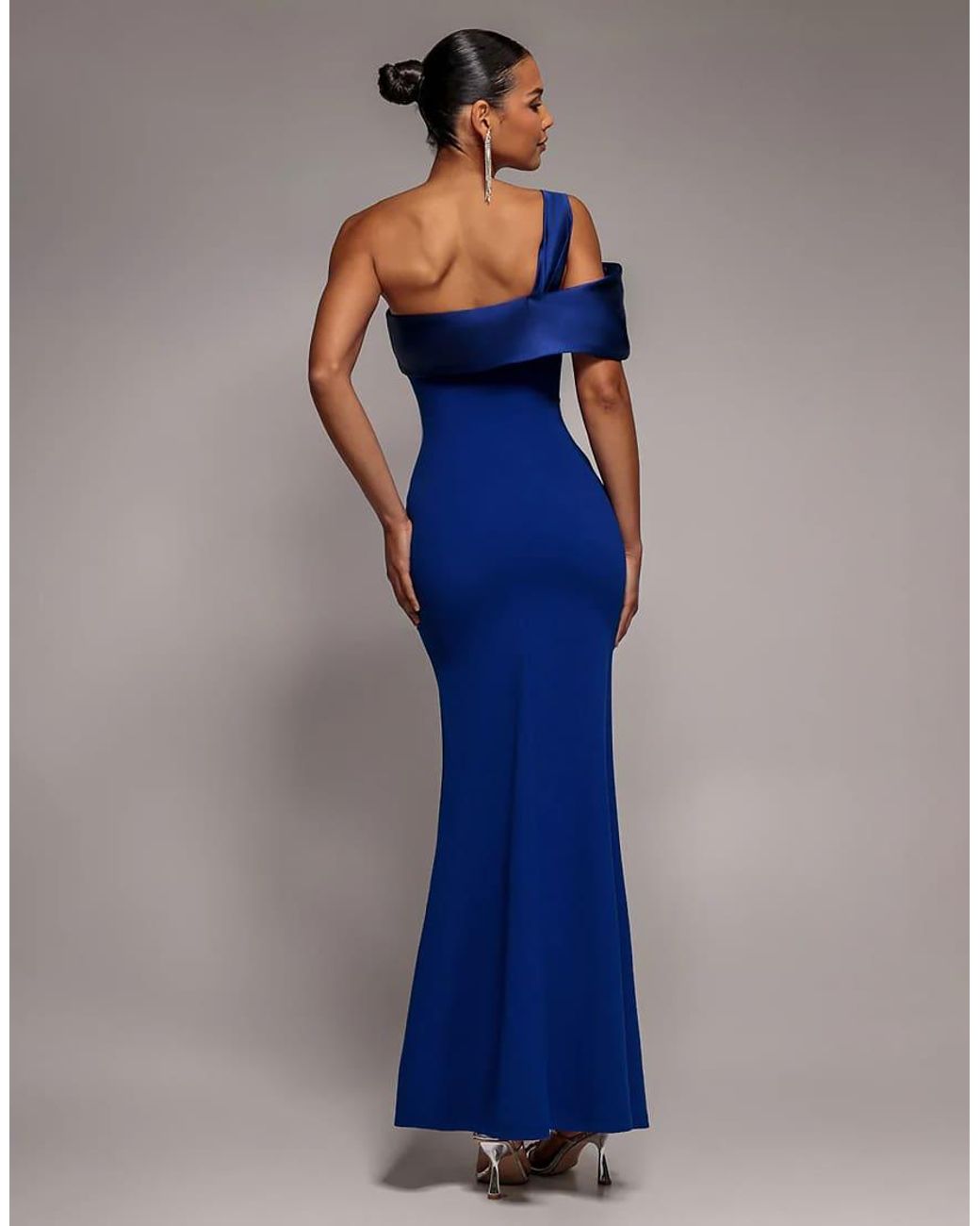 Goddiva Blue Satin Twist One Shoulder Maxi Dress