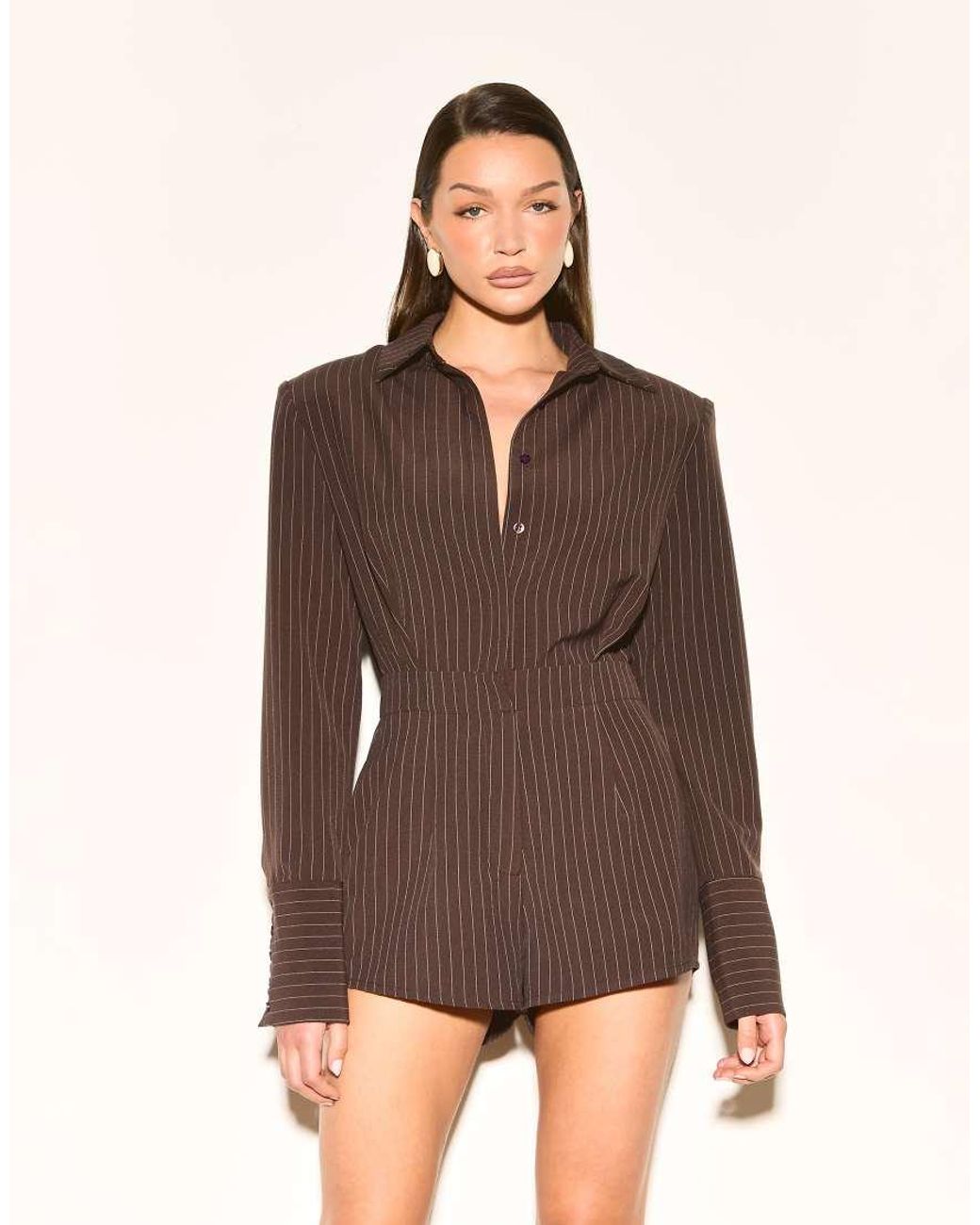 Noughts & Kisses Brown Shoulder Pad Tailored Deep Cuff Romper